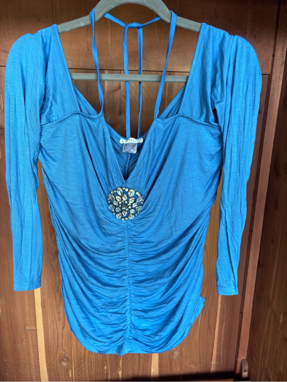 VENUS Blue Ruched V-Neck Top with Jeweled Embellishment